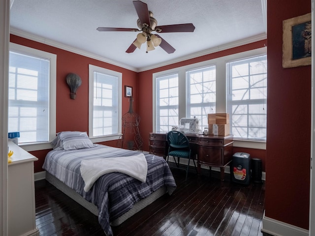 bedroom featuring a textured ceiling, ceiling fan, crown molding, and dark hardwood / wood-style flooring