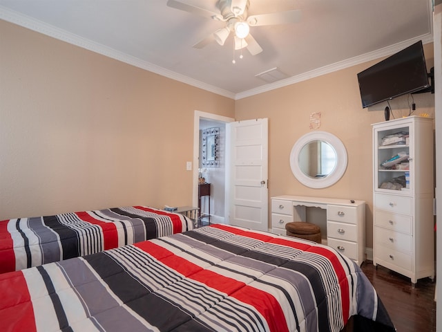 bedroom featuring ceiling fan, crown molding, and dark hardwood / wood-style flooring