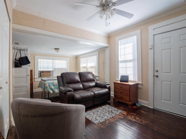 living room featuring cooling unit, ceiling fan, crown molding, and dark hardwood / wood-style floors