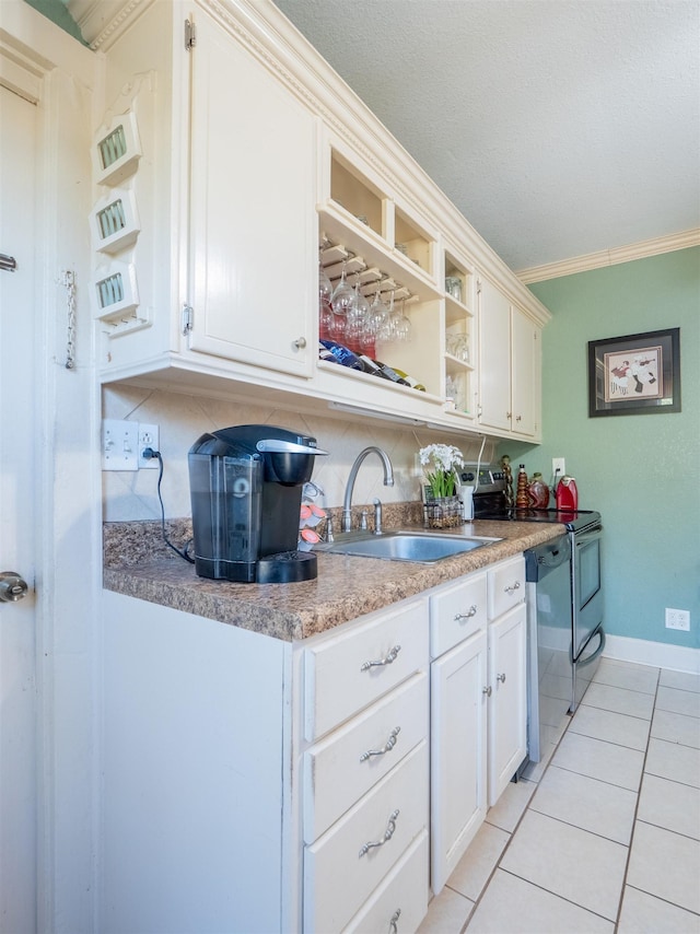 kitchen featuring ornamental molding, sink, white cabinetry, stainless steel dishwasher, and light tile patterned flooring