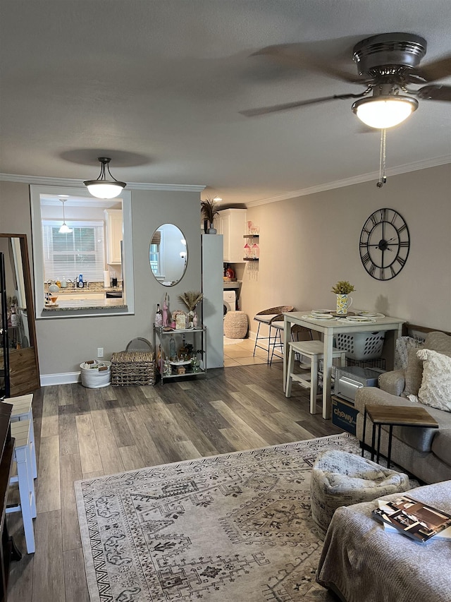 1045 Martin St, Tallahassee, FL 32303 - living room with ceiling fan, crown molding, and dark wood-type flooring