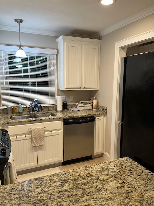 1045 Martin St, Tallahassee, FL 32303 - kitchen with appliances with stainless steel finishes, ornamental molding, white cabinetry, hanging light fixtures, and dark stone countertops