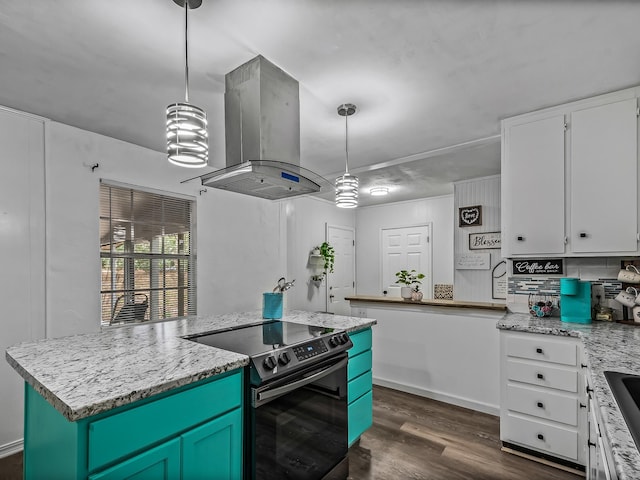 kitchen featuring white cabinets, island exhaust hood, stainless steel electric range oven, and dark wood-style flooring