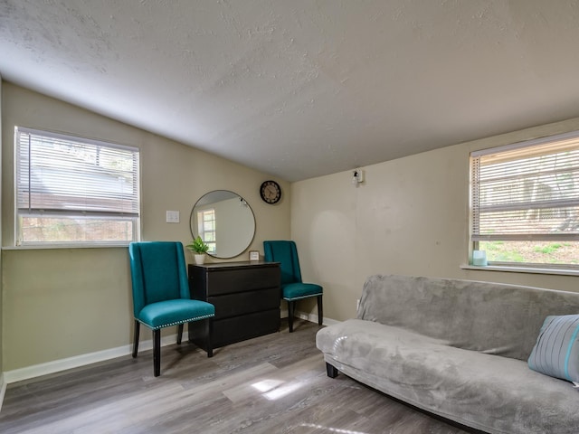 living room with vaulted ceiling, wood finished floors, a healthy amount of sunlight, and a textured ceiling