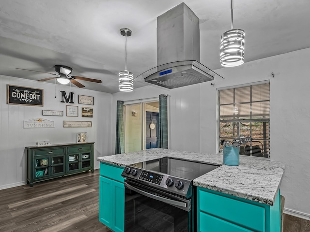 kitchen featuring light stone counters, a ceiling fan, island exhaust hood, dark wood-style flooring, and range with electric cooktop