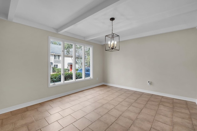 spare room featuring a notable chandelier, light tile patterned floors, beamed ceiling, and baseboards