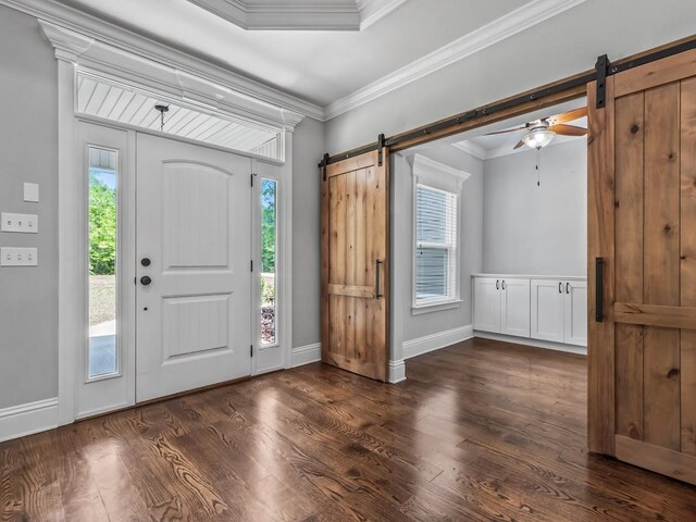 foyer entrance featuring plenty of natural light, a barn door, and dark wood-style flooring