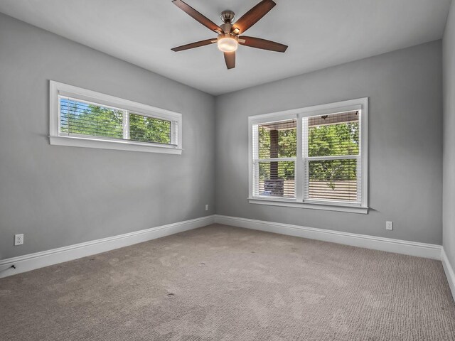 carpeted spare room with baseboards, ceiling fan, and a wealth of natural light