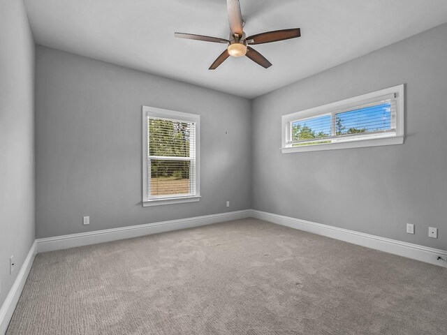 carpeted empty room featuring baseboards, a ceiling fan, and a healthy amount of sunlight