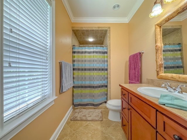 bathroom featuring crown molding, vanity, a shower with curtain, and toilet