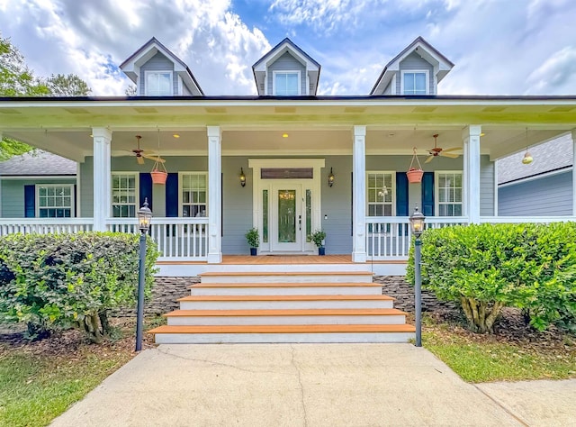 view of front of house featuring covered porch and a ceiling fan