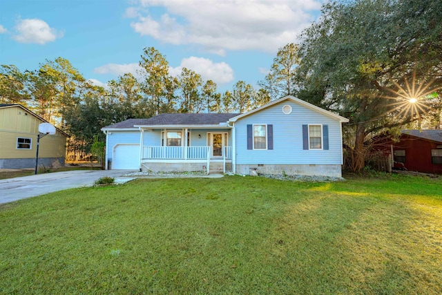 ranch-style house with a garage, a front yard, and a porch