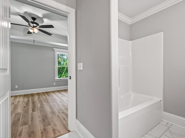 bathroom featuring ceiling fan, crown molding, and independent shower and bath