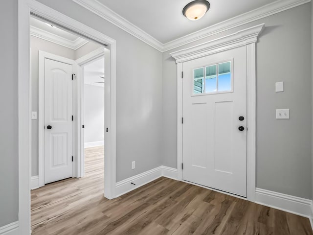 foyer featuring wood-type flooring and crown molding