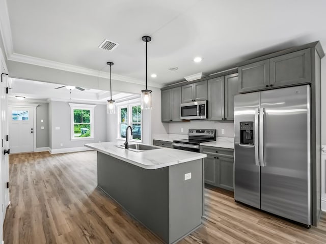 kitchen with ceiling fan, sink, stainless steel appliances, an island with sink, and gray cabinets