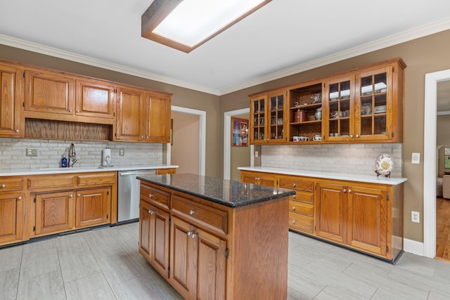 1961 Chatsworth Way, Tallahassee, FL 32309 - kitchen featuring stainless steel dishwasher, open shelves, brown cabinetry, backsplash, and ornamental molding