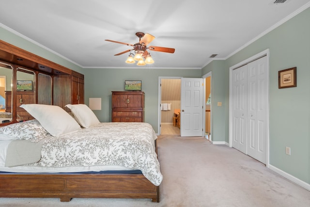 1961 Chatsworth Way, Tallahassee, FL 32309 - bedroom with light carpet, ornamental molding, a closet, and a ceiling fan