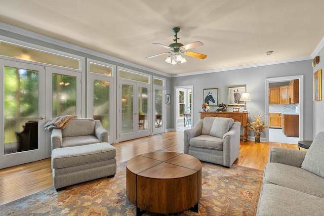 1961 Chatsworth Way, Tallahassee, FL 32309 - living room with french doors, ornamental molding, wood finished floors, and a ceiling fan