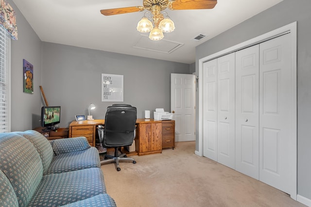 1961 Chatsworth Way, Tallahassee, FL 32309 - office area with a ceiling fan, carpet floors, and attic access