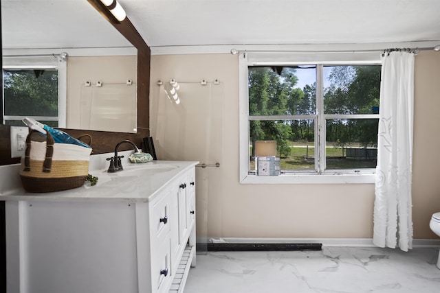 bathroom with vanity, marble finish floor, and a wealth of natural light