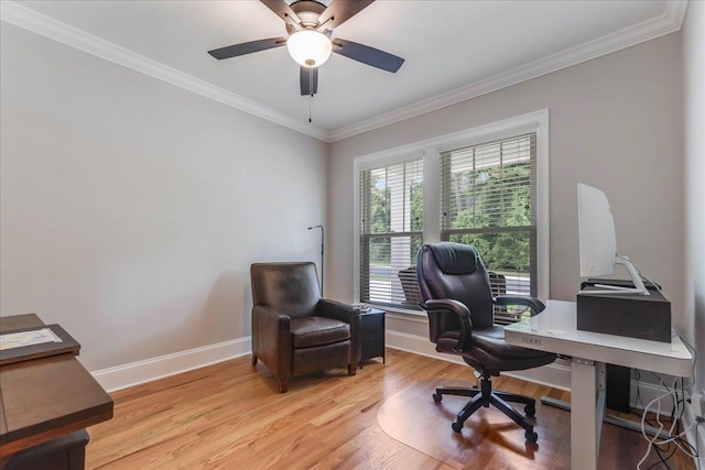 3837 Broadmore Ln, Tallahassee, FL 32308 - home office featuring baseboards, light wood-type flooring, ornamental molding, and ceiling fan