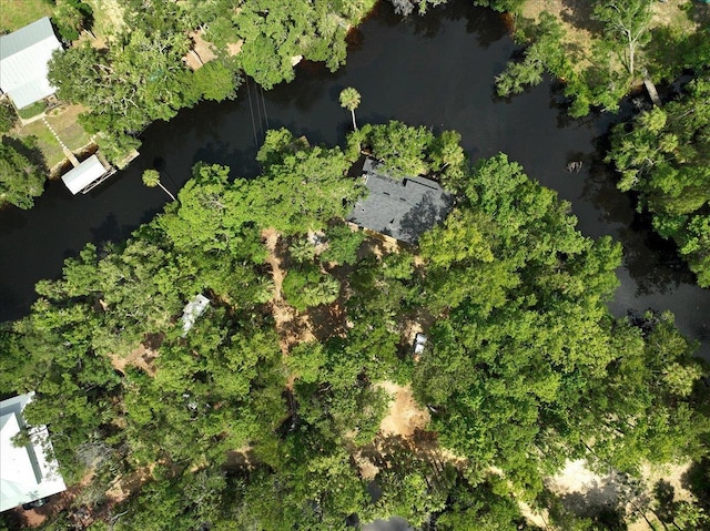 drone / aerial view featuring a water view