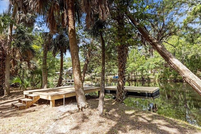 view of yard with a water view and a dock