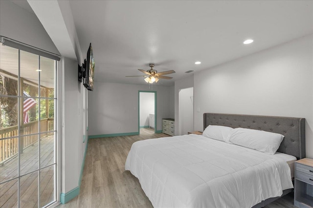 bedroom with ceiling fan, light hardwood / wood-style floors, and access to outside