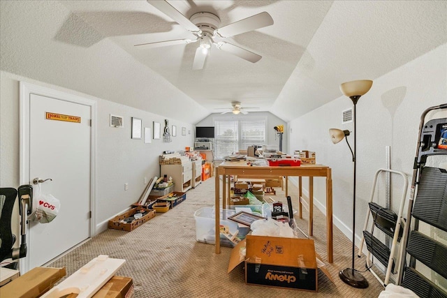 7277 White Clover Ct, Tallahassee, FL 32311 - living room featuring vaulted ceiling, carpet, ceiling fan, a textured ceiling, and baseboards