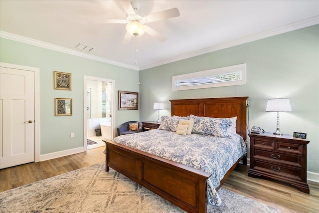 7277 White Clover Ct, Tallahassee, FL 32311 - bedroom with light wood-style floors, crown molding, baseboards, connected bathroom, and a ceiling fan