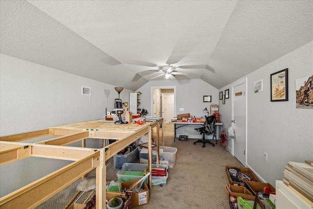 7277 White Clover Ct, Tallahassee, FL 32311 - carpeted bedroom featuring lofted ceiling, a textured ceiling, and ceiling fan