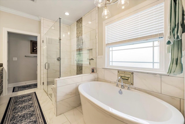 7277 White Clover Ct, Tallahassee, FL 32311 - full bathroom with a freestanding tub, a shower stall, ornamental molding, and recessed lighting