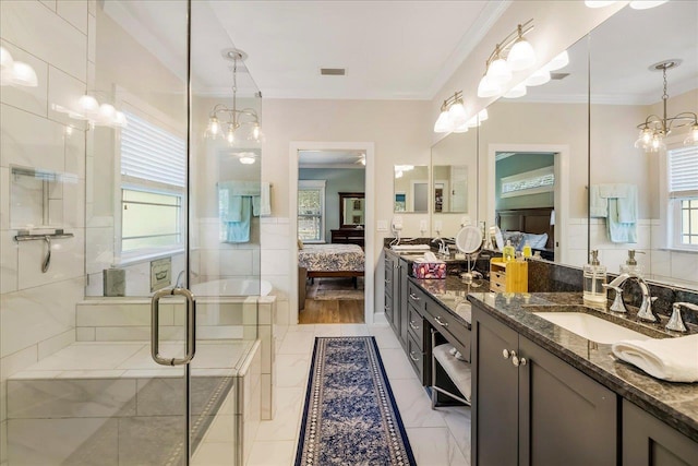 7277 White Clover Ct, Tallahassee, FL 32311 - bathroom featuring ensuite bath, crown molding, double vanity, a stall shower, and a chandelier