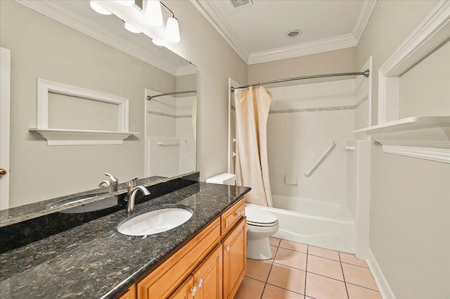 370 Rob Roy Trl, Tallahassee, FL 32312 - bathroom with tile patterned floors, vanity, shower / tub combo with curtain, toilet, and ornamental molding