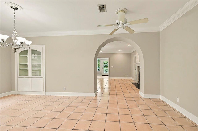 370 Rob Roy Trl, Tallahassee, FL 32312 - empty room featuring crown molding, ceiling fan, arched walkways, a chandelier, and baseboards