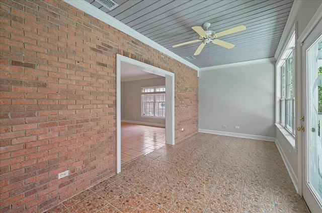 370 Rob Roy Trl, Tallahassee, FL 32312 - empty room with ornamental molding, brick wall, tile patterned flooring, baseboards, and a ceiling fan