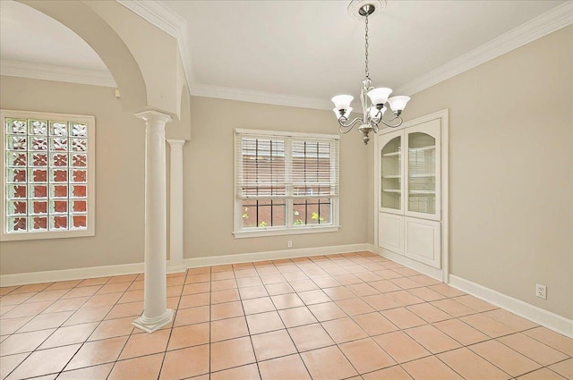 370 Rob Roy Trl, Tallahassee, FL 32312 - unfurnished dining area with crown molding, arched walkways, light tile patterned floors, baseboards, and a chandelier
