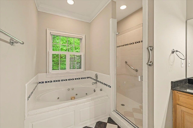 370 Rob Roy Trl, Tallahassee, FL 32312 - bathroom featuring a shower stall, a whirlpool tub, crown molding, vanity, and recessed lighting