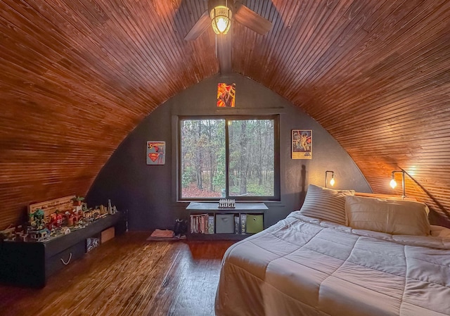 bedroom featuring ceiling fan, wooden ceiling, lofted ceiling, and hardwood / wood-style flooring