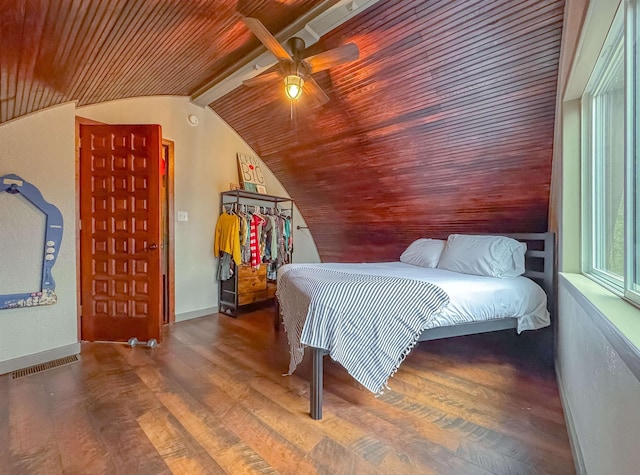 bedroom with wood-type flooring, ceiling fan, vaulted ceiling, and wood ceiling