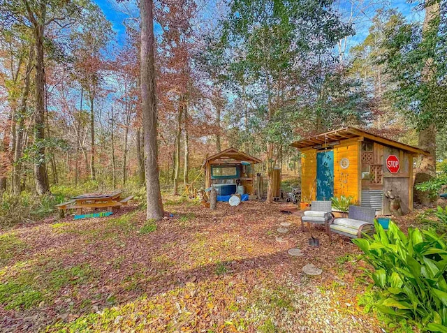 view of yard featuring a storage unit