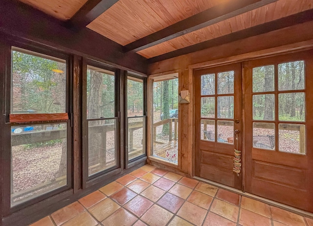 unfurnished sunroom with beamed ceiling and wooden ceiling