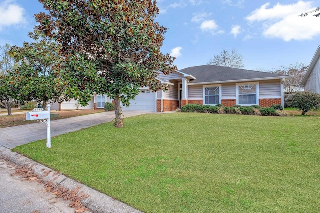 view of front facade featuring a front yard, brick siding, driveway, and an attached garage