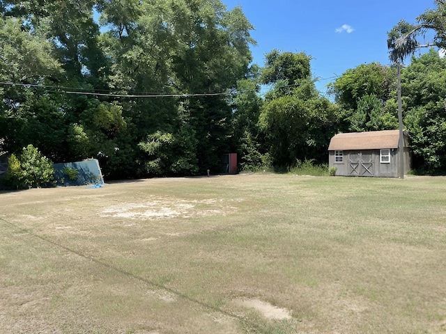 view of yard featuring a storage shed