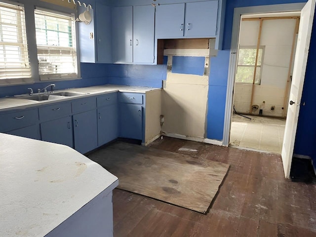 kitchen featuring blue cabinetry, dark hardwood / wood-style floors, and sink