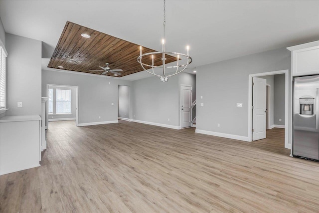 unfurnished living room featuring light wood-type flooring, wooden ceiling, baseboards, and ceiling fan with notable chandelier