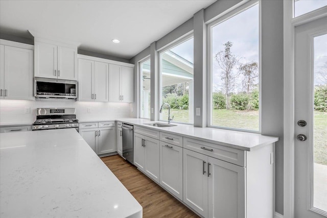 kitchen with stainless steel appliances, a sink, backsplash, and wood finished floors