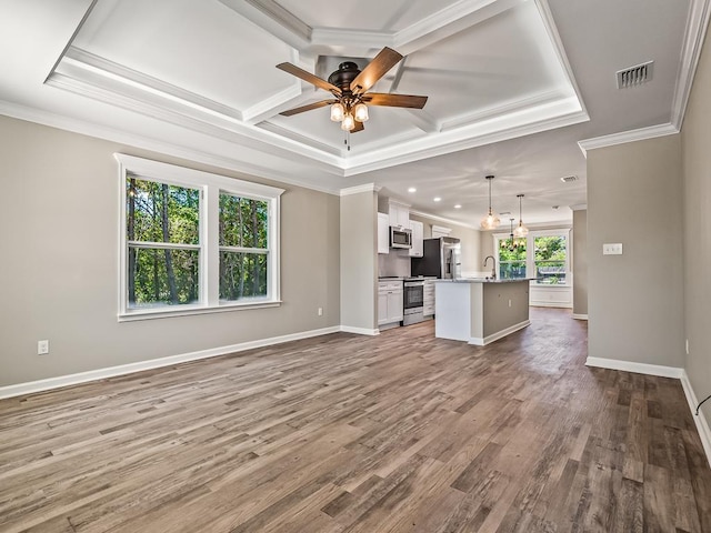 unfurnished living room featuring ceiling fan, sink, wood-type flooring, a tray ceiling, and ornamental molding