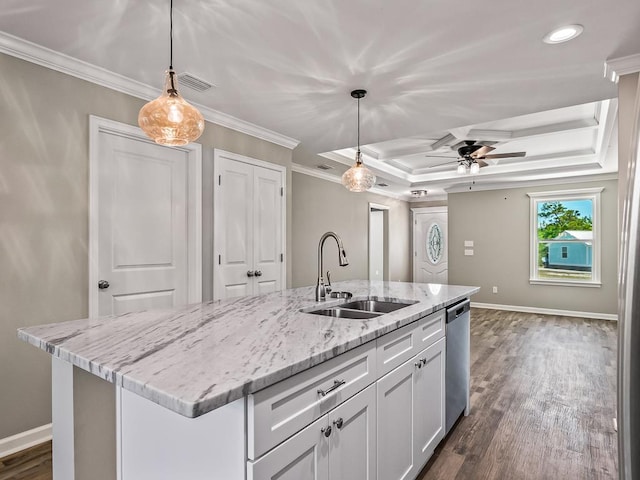 kitchen featuring dishwasher, sink, decorative light fixtures, white cabinets, and ornamental molding