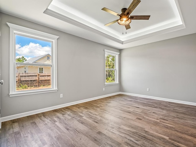 spare room with ceiling fan, light hardwood / wood-style floors, and a raised ceiling